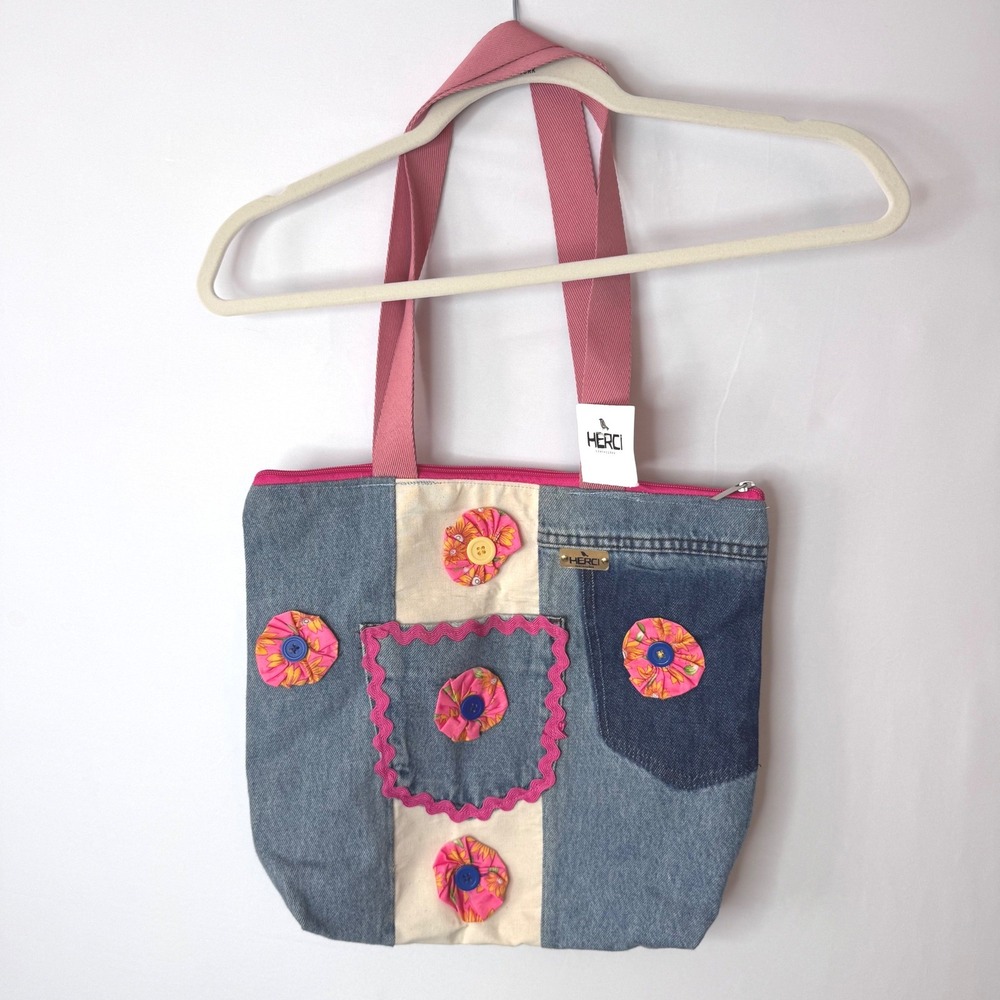 NEW Denim Patchwork Tote Book Bag Women Girl Floral Boho Artsy Cottage Twee
